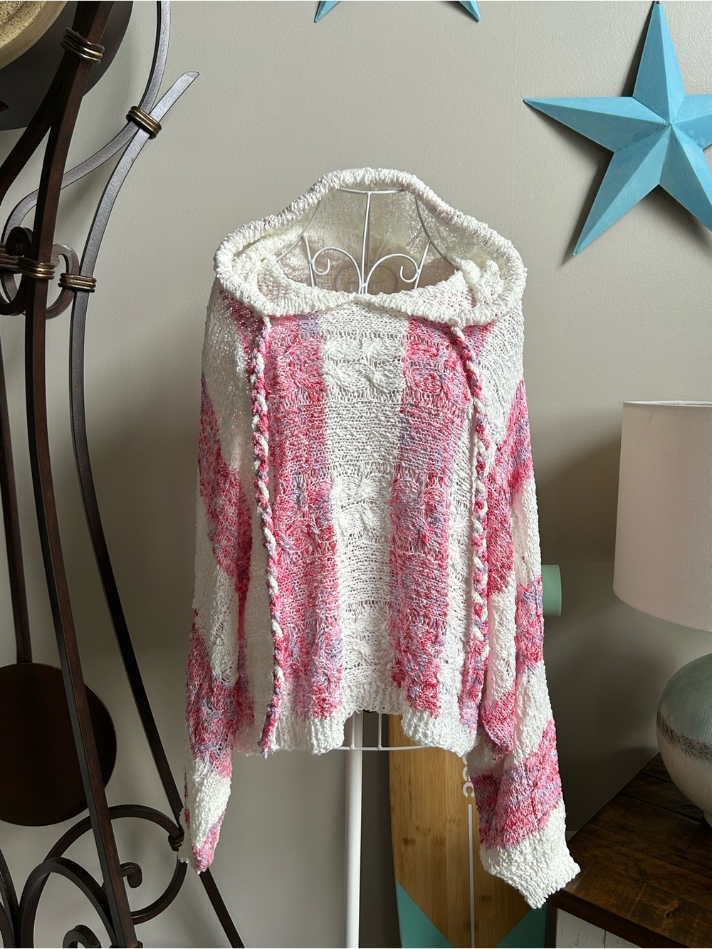 POL Hooded Striped Knit Shrug in Pink & Cream
